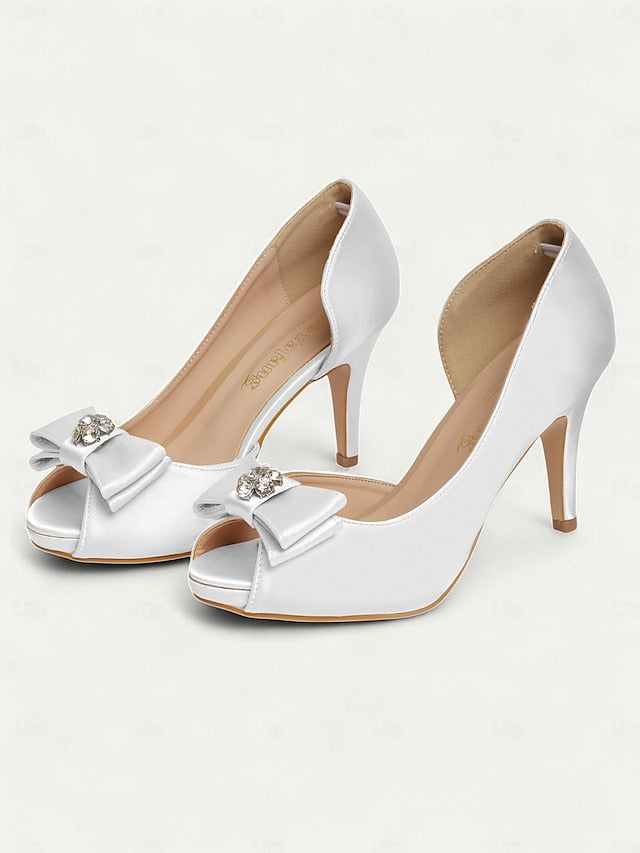 Satin Peep Toe with Heels Women's and Champagne Bow