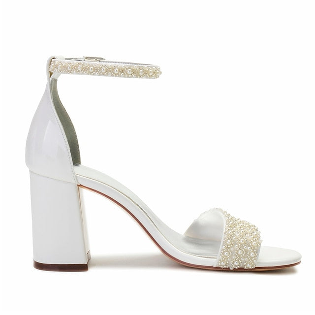 Ankle Block White Ivory Strap Embellished Women's Pearl