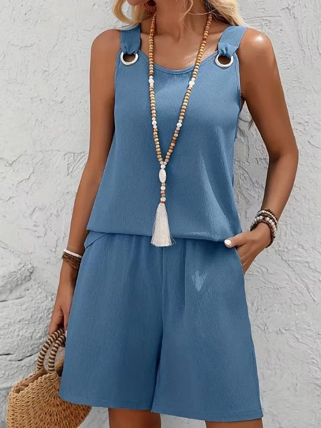 Women's Shorts Sets Bolero Top Sleeveless Round Neck Plain