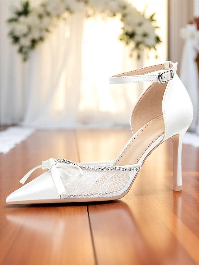Satin Women's High White Heels Lace