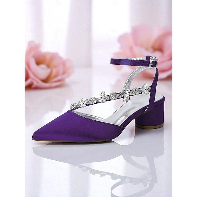 Heel Women's Purple Pumps Satin with Block Rhinestone