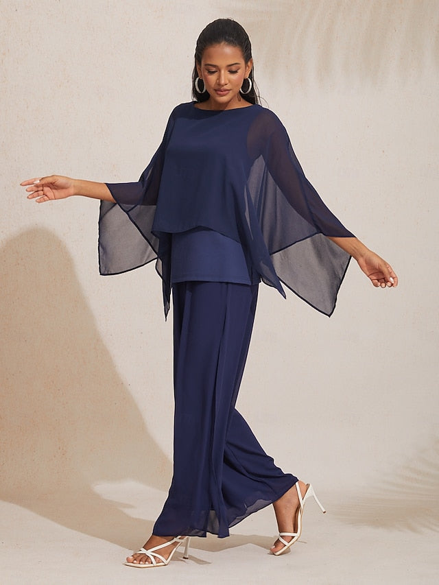 Women's Royal Blue Modal Chiffon Crewneck Sleeveless Cape