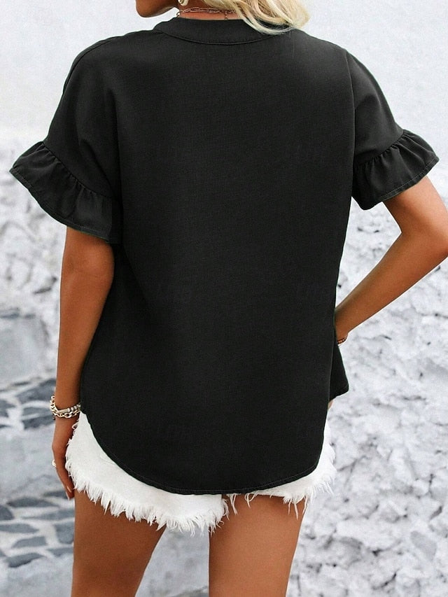 Women's Shirt Blouse Ruffle Buttons Solid Color Stylish