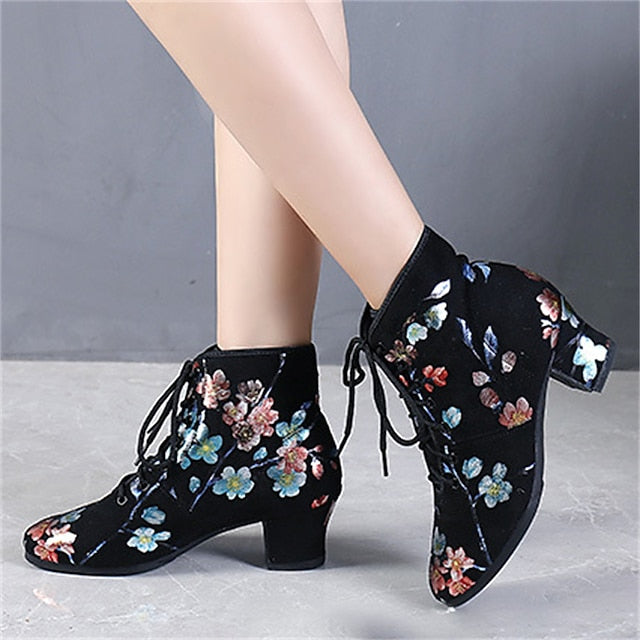 Black Low Floral Lace-up Comfortable Women Dance Shoes for –
