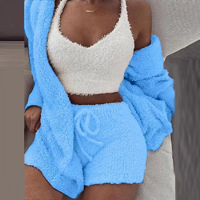 Warm Fuzzy Pajama Set 3PCS Long Sleeve Hooded Robe & Tank