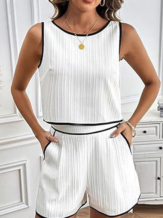 Women's Blouse Shorts Sets Sleeveless Crew Neck Color Block