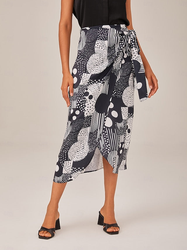 Satin Color Block Elastic Waist Midi Skirt