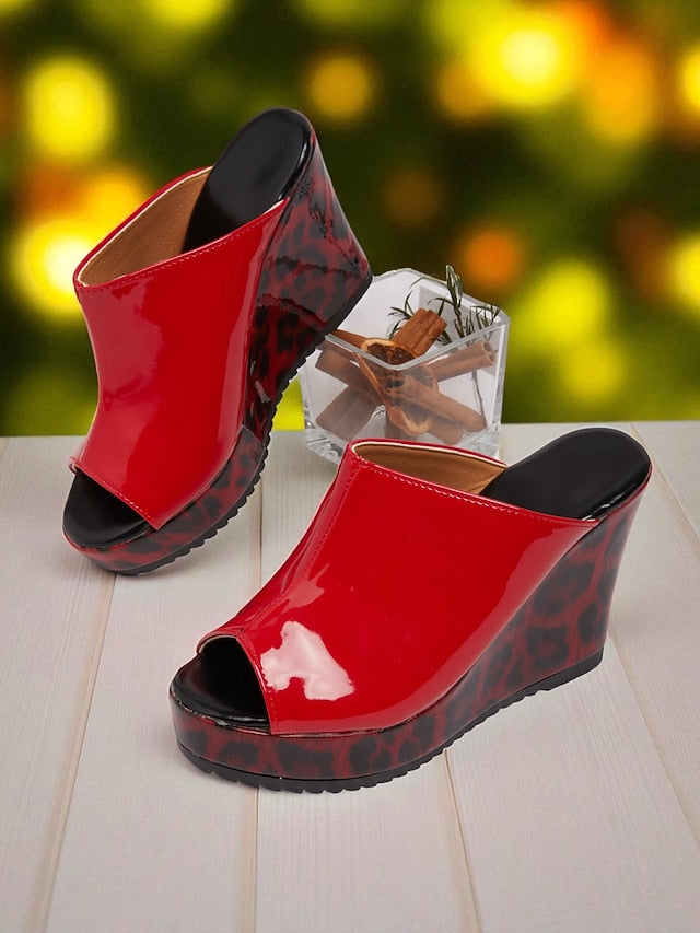 Wedge Peep Women's Leopard - Sandals Patent Red Leather Toe