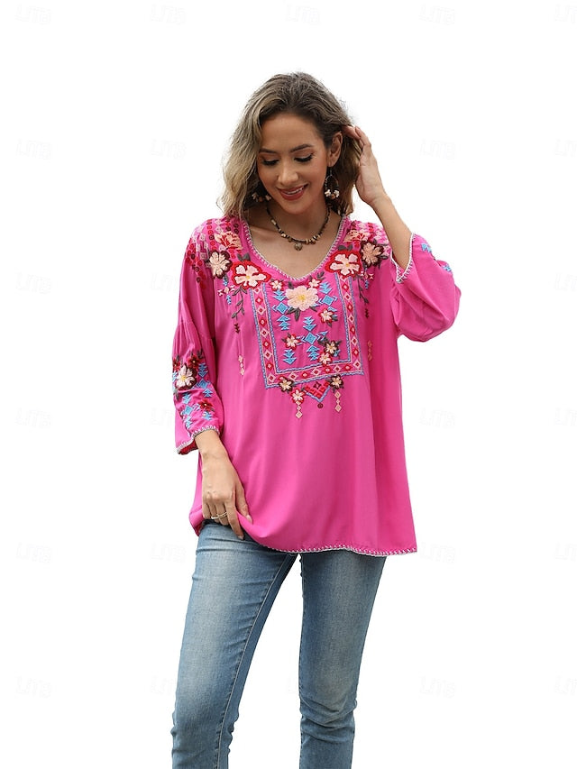 Women's Boho Shirt Embroidered Solid Color Floral Bohemia