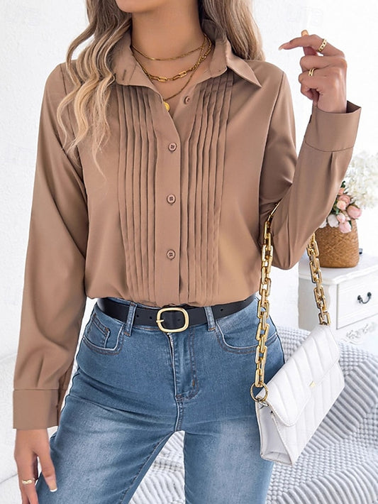 Women's Blouse Dressy Tops Ruched Patchwork Buttons Plain