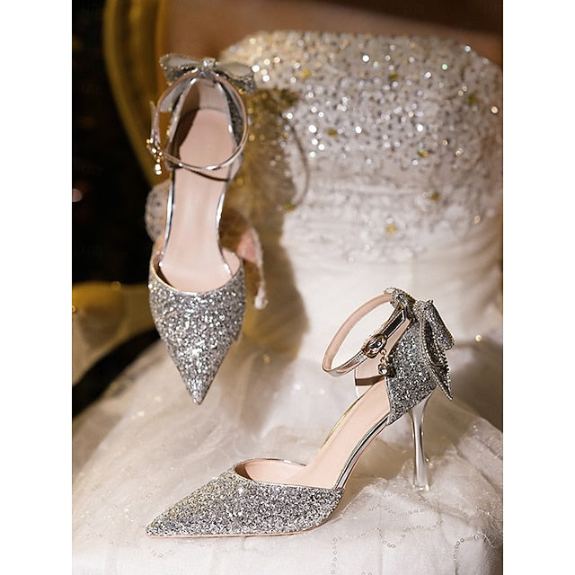 Heels - Pointed Toe Glitter Bow Women's Silver Sparkly