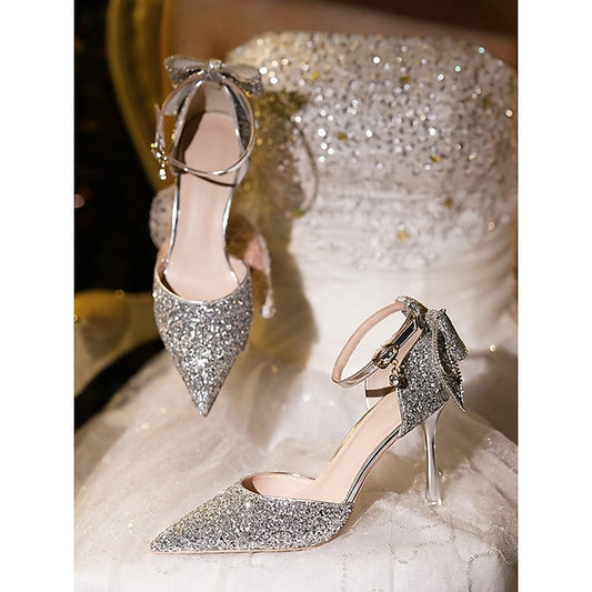 Heels - Pointed Toe Glitter Bow Women's Silver Sparkly