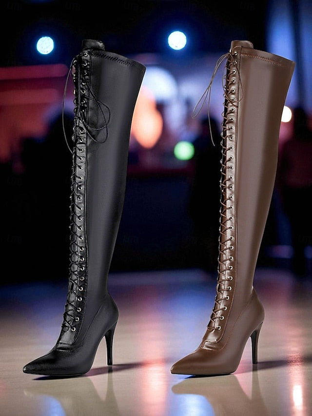 the Women's Knee Stiletto Over - Lace-Up Boots Sexy Brown