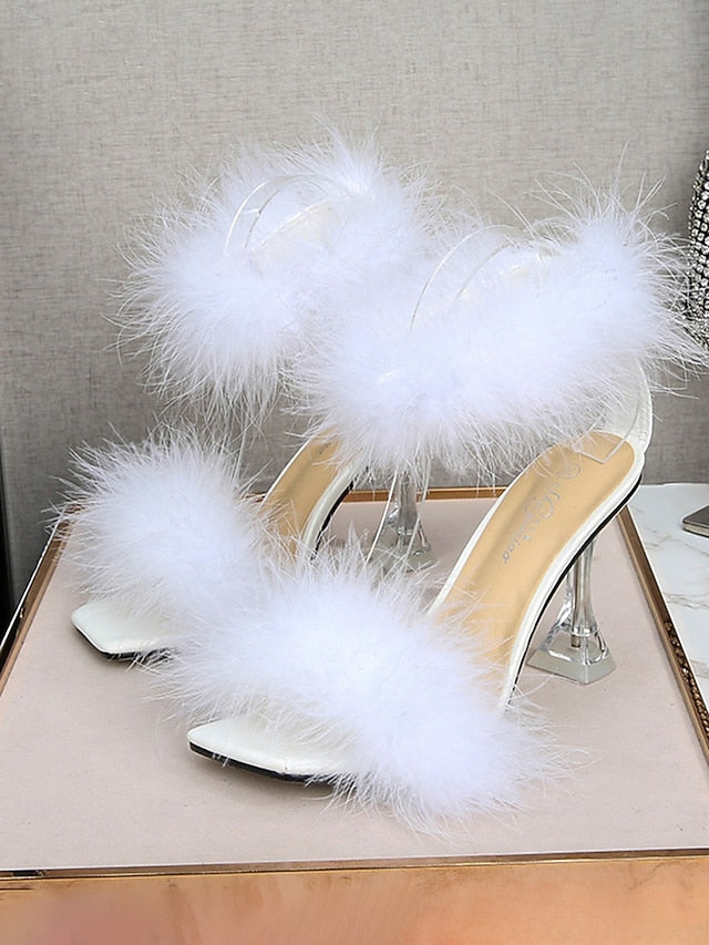 Clear with High Turquoise Feather-Embellished Heel Sandals