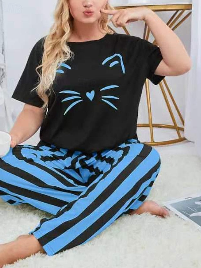 Women's Blouse Pants Sets Short Sleeve Crew Neck Cat