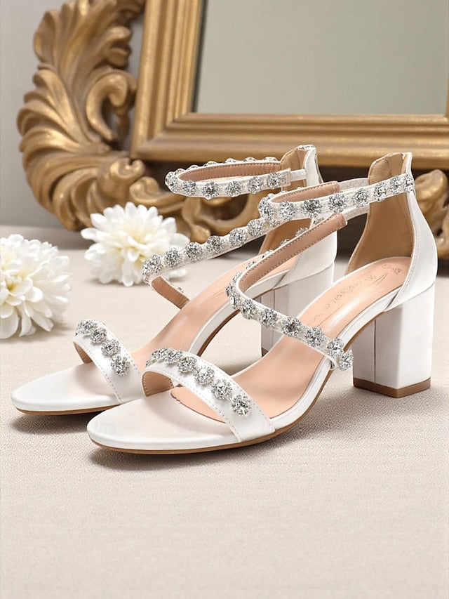 Rhinestone Open Sandals Heel White Elegant Block Women's -