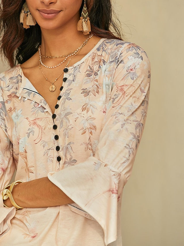 Women's T Shirt Basic Floral Buttons Print 3/4 Length
