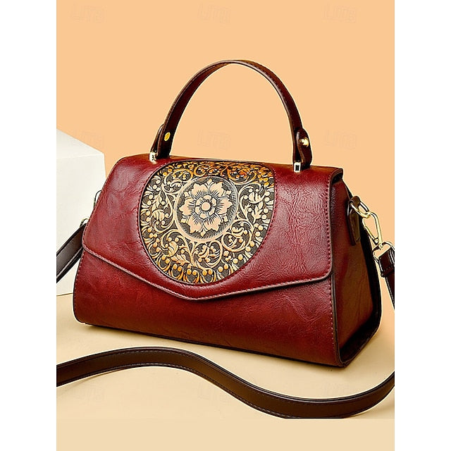 Floral – Faux Vintage Engraved Handbag Leather Women's
