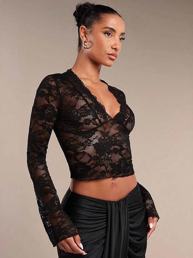 Women's Wrap Crop Top Lace Sexy Long Sleeve V Neck Regular
