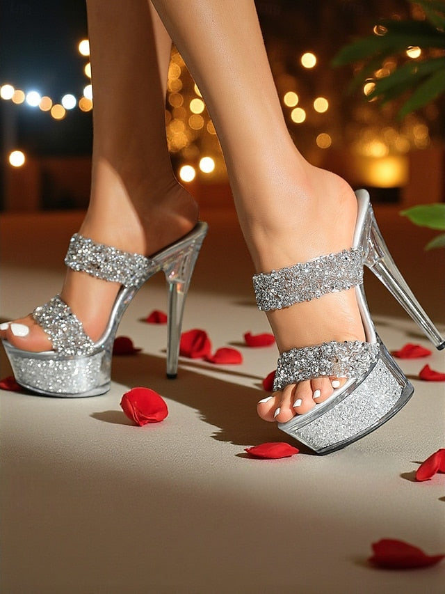 Rhinestone - Heel Peep High Platform Women's Glitter Mules