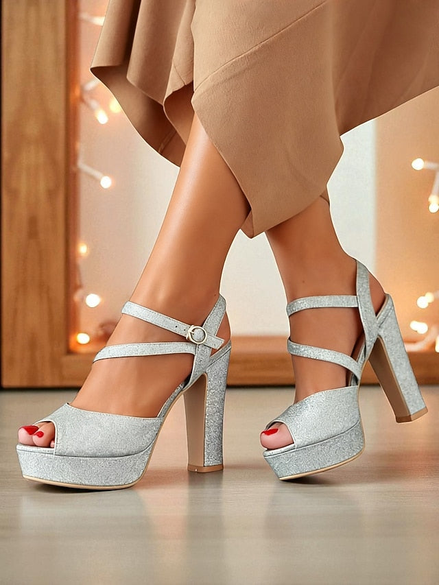 with Glitter High Platform Heel Women's Sandals Ankle Strap