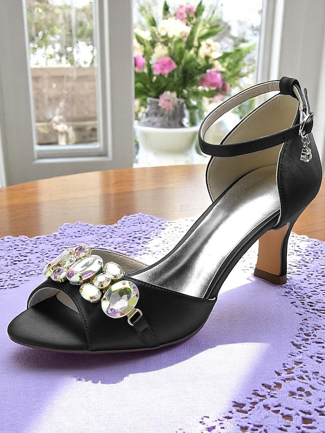 with Women's Strap Ankle Toe Heels Satin Black and Open