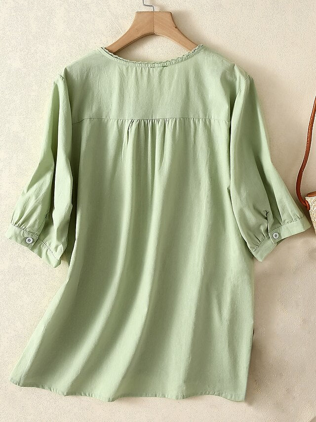 Women's Shirt Embroidered Solid Color Floral Casual Boho