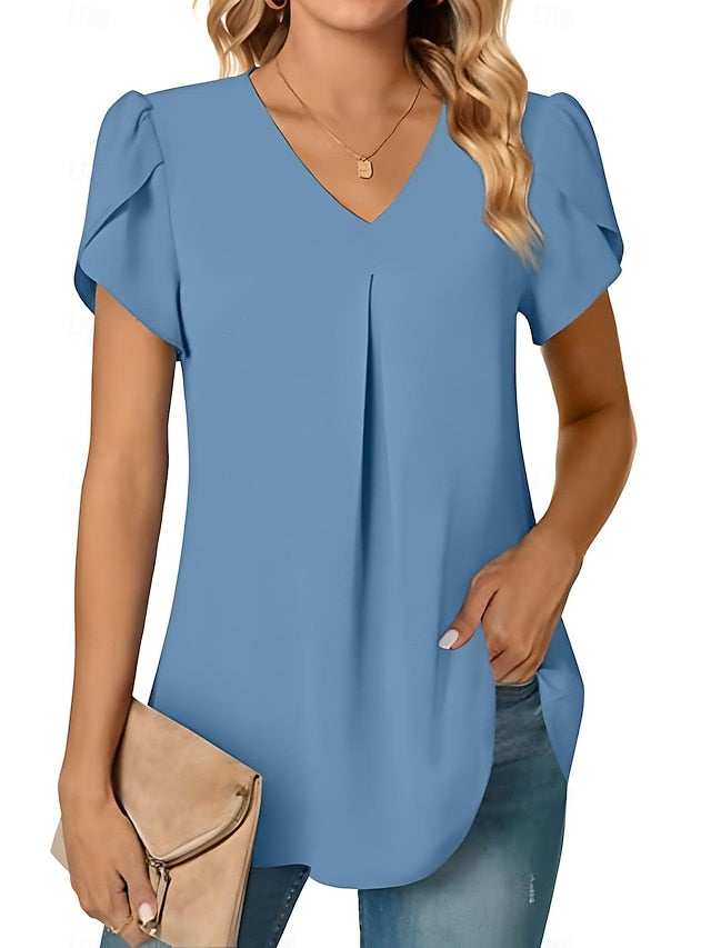 Women's Blouse Solid Color Basic Casual Short Sleeve V Neck