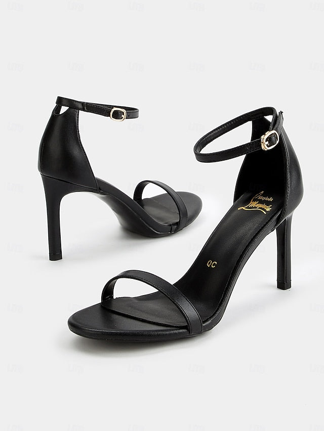 Stiletto Women Ankle Elegant for Black Sandals Open-Toe Strap -