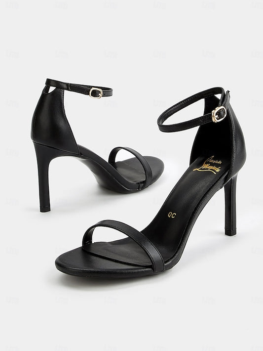 Stiletto Women Ankle Elegant for Black Sandals Open-Toe Strap -