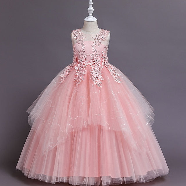 Kids A Floral Line Colored Girls' Solid Dress