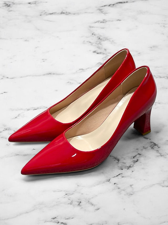 Glossy Heel Leather Pointed-Toe Patent Faux Block Pumps Green