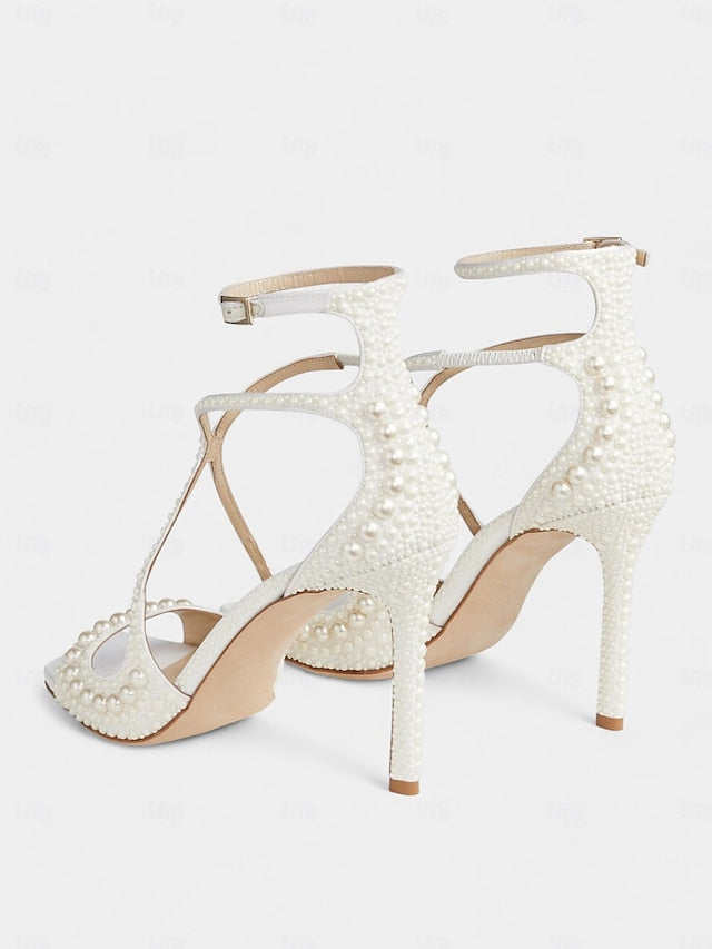 Open-Toe Stiletto Sandals Ankle with White Pearl-Embellished