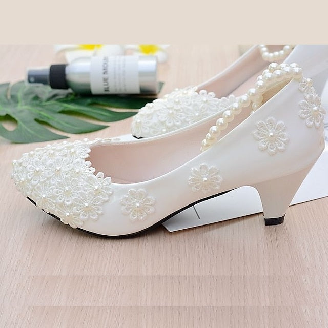 White Decorated Lace Pearl Floral Heels – Women's Wedding