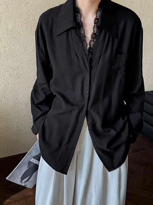 Women's Casual Shirt Button Up Shirt Blouse Lace Patchwork