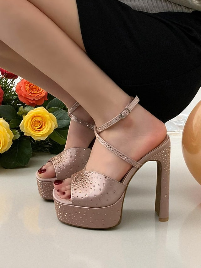 Toe Women's Platform with Rhinestone Heel Peep High Sandals