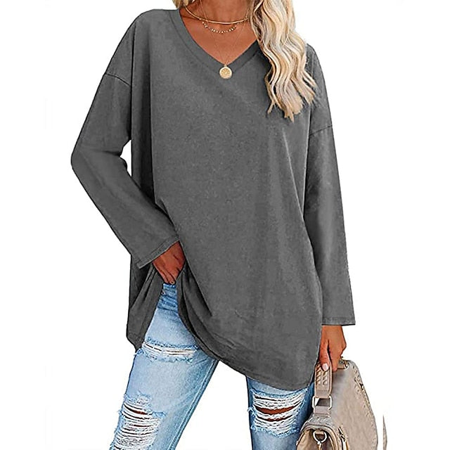 Women's T Shirt Plain Basic Long Sleeve V Neck Regular Tops