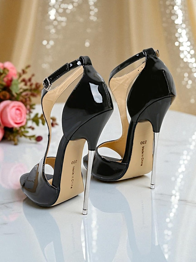 Leather Stiletto Heels Open Strappy - Women's Patent Red