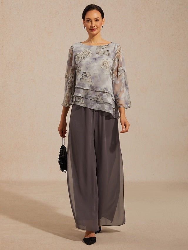Women's Chiffon Tops Lace up Floral Elegant 3/4 Length