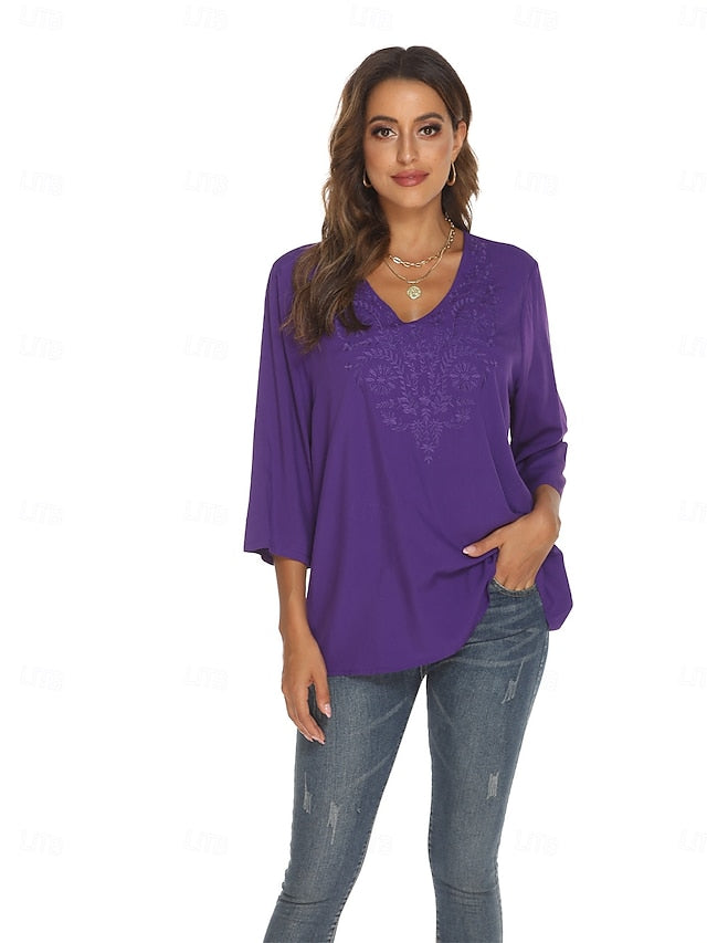 Women's Boho Shirt Embroidered Floral Bohemia Casual 3/4
