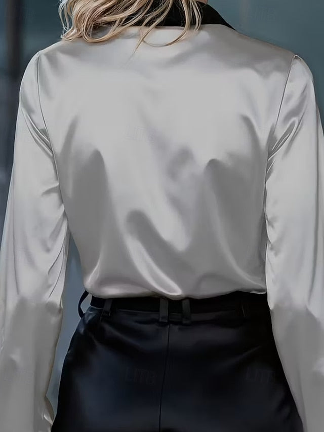 Women's Shirt Elegant Satin Top Blouse Patchwork Buttons