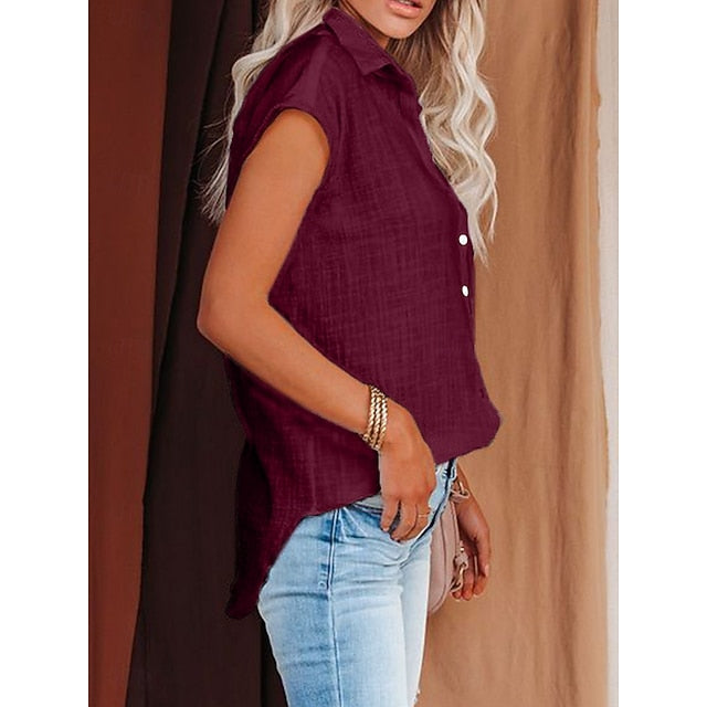 Women's Shirt Button Down Blouse Solid Color Plain Basic