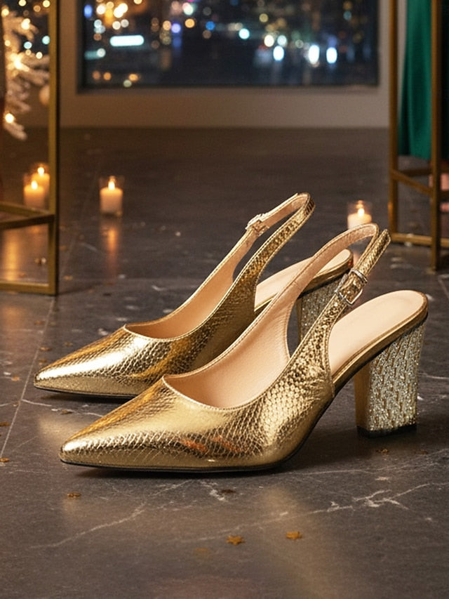 Women's Toe - Heel with Pointed Pumps Slingback Block Gold