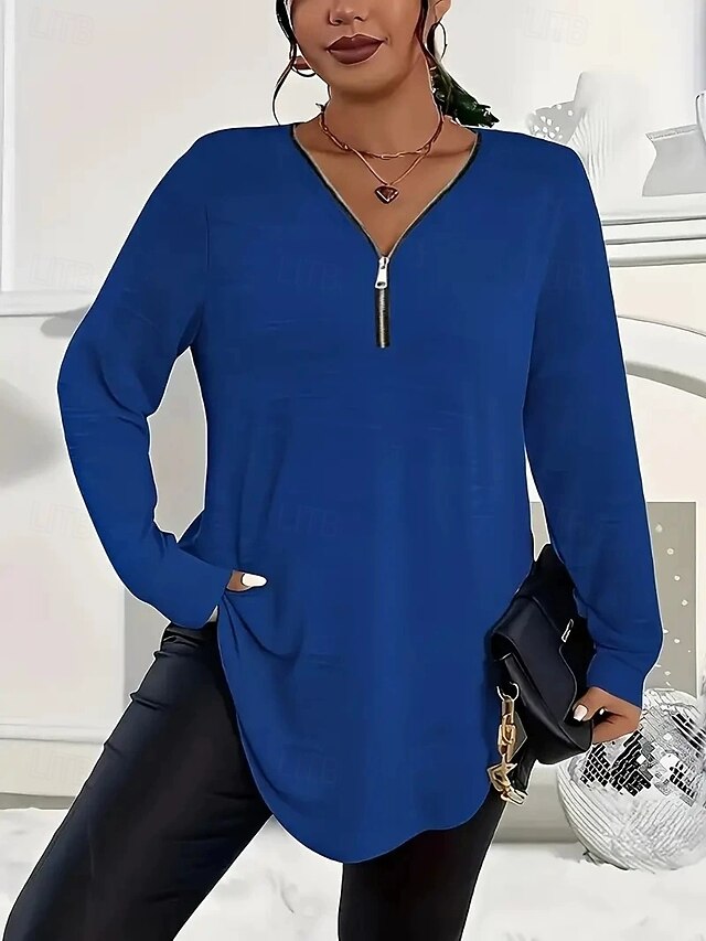 Women's T Shirt Zipper Solid Color Fashion Casual Long