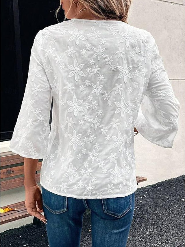 Women's Boho Shirt Dressy Tops Embroidered Solid Color