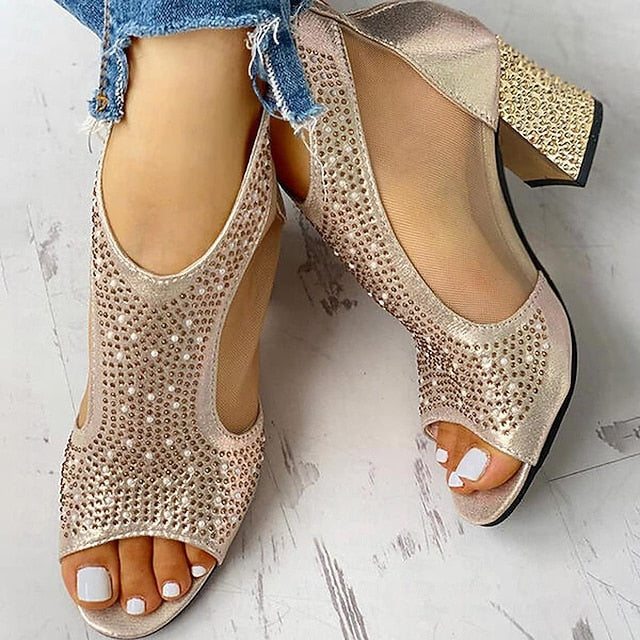 Women's Elegant Toe Peep with Heeled Glitter Sandals Gold