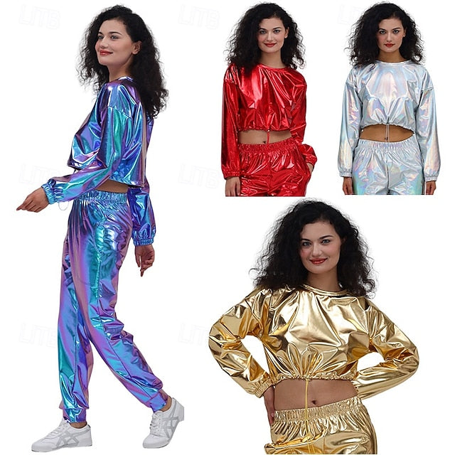 1980s Hip Hop Shiny Metallic Crop Top Sweatshirt Disco Fancy