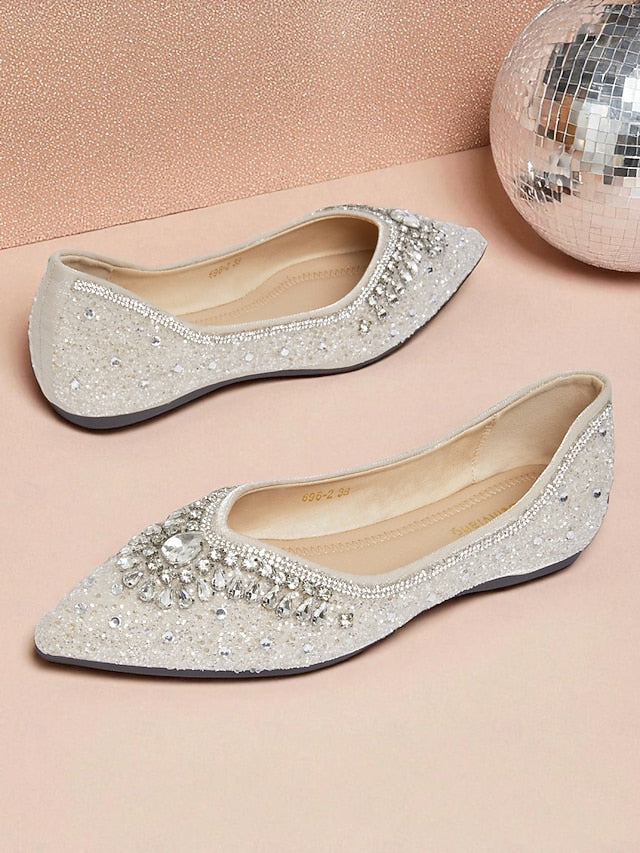 Pointed Toe Flats Silver Women's Glitter with Crystal