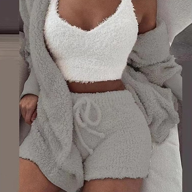 Warm Fuzzy Pajama Set 3PCS Long Sleeve Hooded Robe & Tank