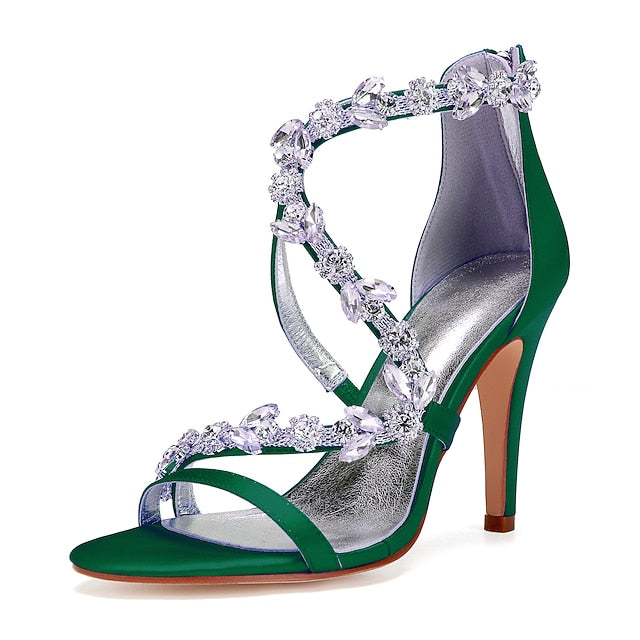 Women's Floral High Satin with Pink Rhinestone Sandals Heel